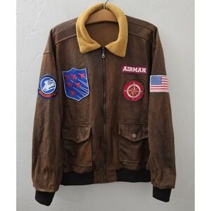 Spirit Halloween Brown Zip Bomber Jacket Patches Top Gun Pilot Airplanes Large
